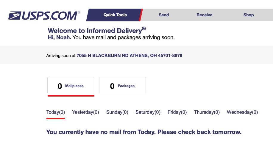 A screenshot of the Informed Delivery portal.
